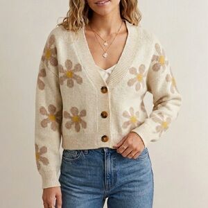 Industry Clothing Retro Floral Daisy Print Oversized Cardigan Sweater Cropped M